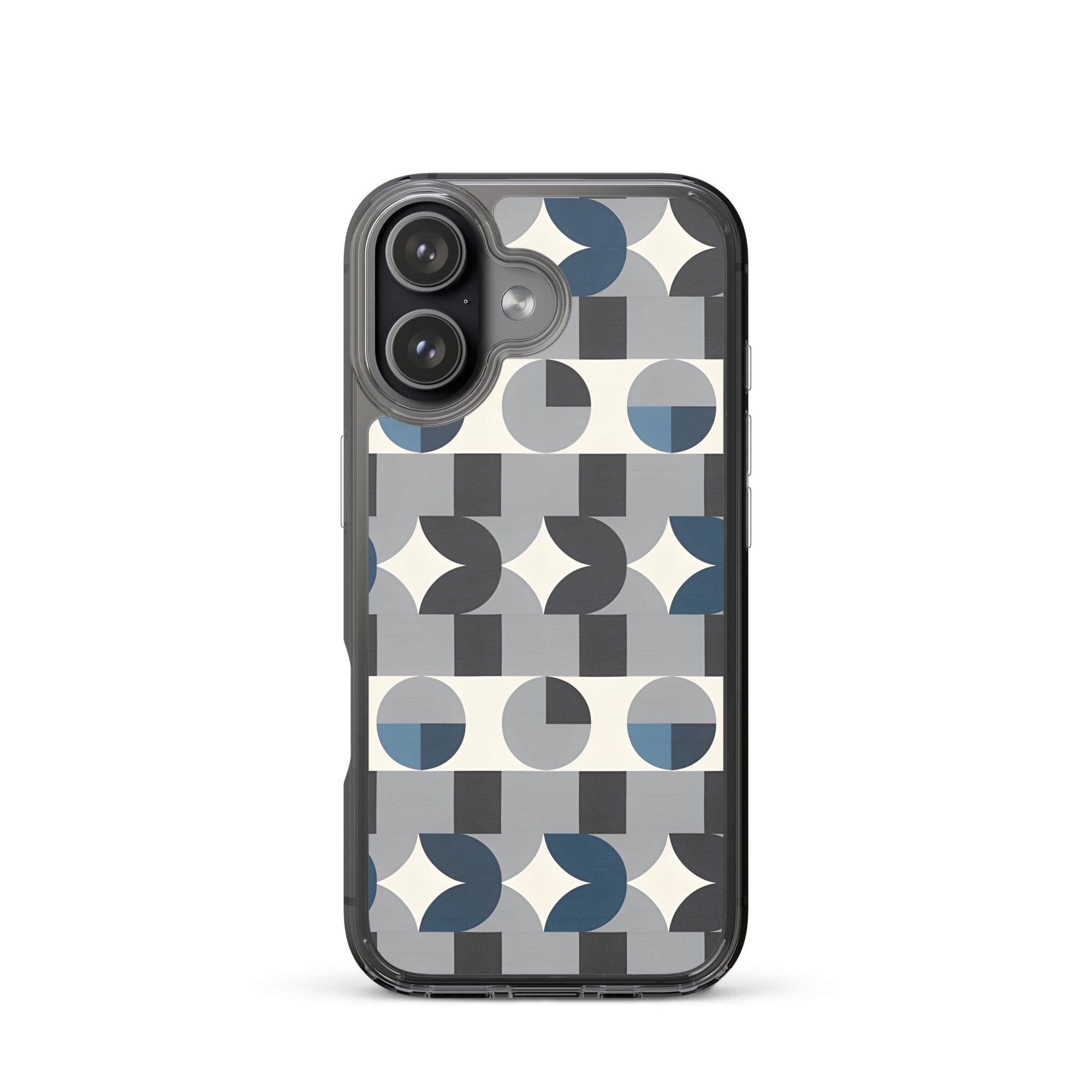 Silver Orbit geometric case in blue and grey for iPhone 15